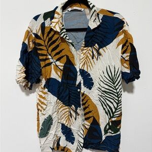 Zara Men's Leaf Print Shirt - Blue, Green, Brown